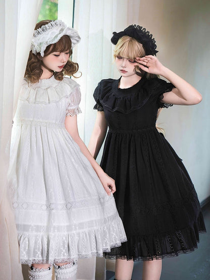 Weißes Lolita-Taille-Shiro-Kleid mit hohen Puffärmeln aus Baumwolle
