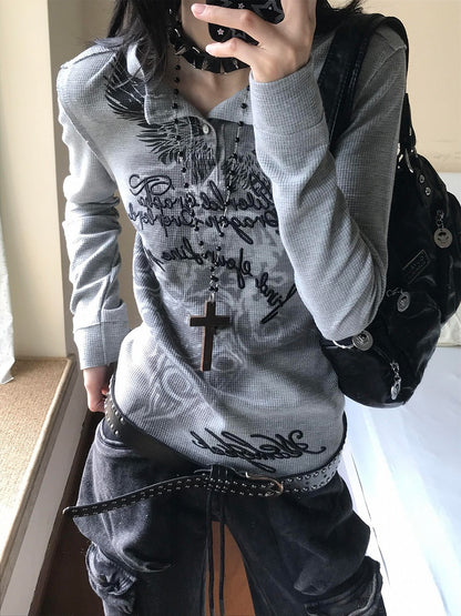 Neck Henley Top Print Tribal Letter Vintage Embroidery with Gray