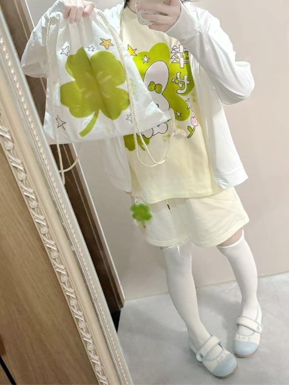 Shorts Lucky Four-Leaf Clover Print Beige Loose