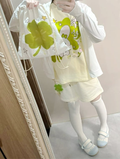 Jacket Charm White Bunny Print Sun with Leaf Clover Four Protection Hoodie