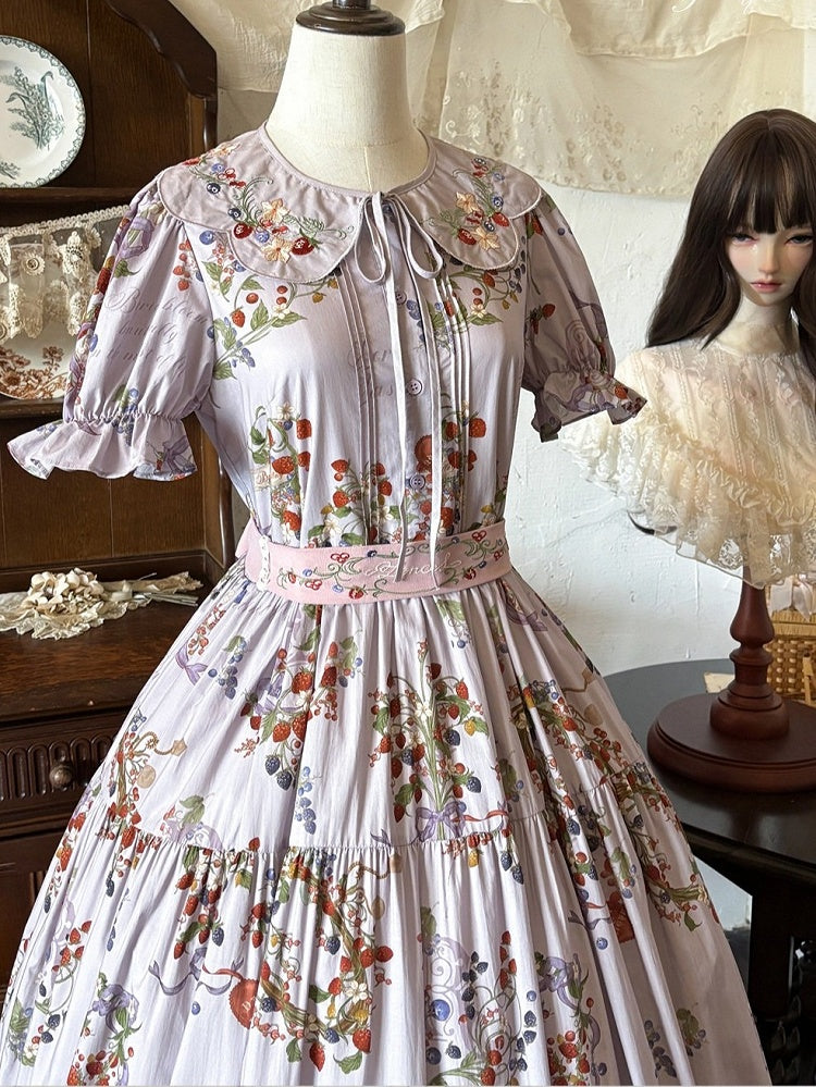 Purple Berry-Themed Floral Dress with Waist Belt and Collar Accessory - Zoncel