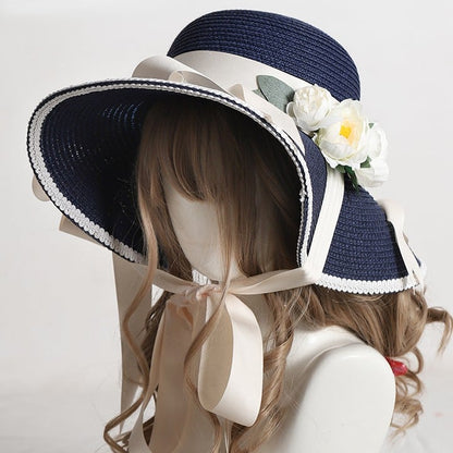 3 Color Options Country Lolita Pearl Floral Wide-Brim Straw Hat