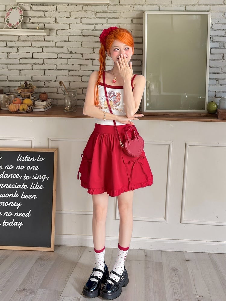 Snow White Vibes Contrast White Graphic Cami Top Red Trim Cropped