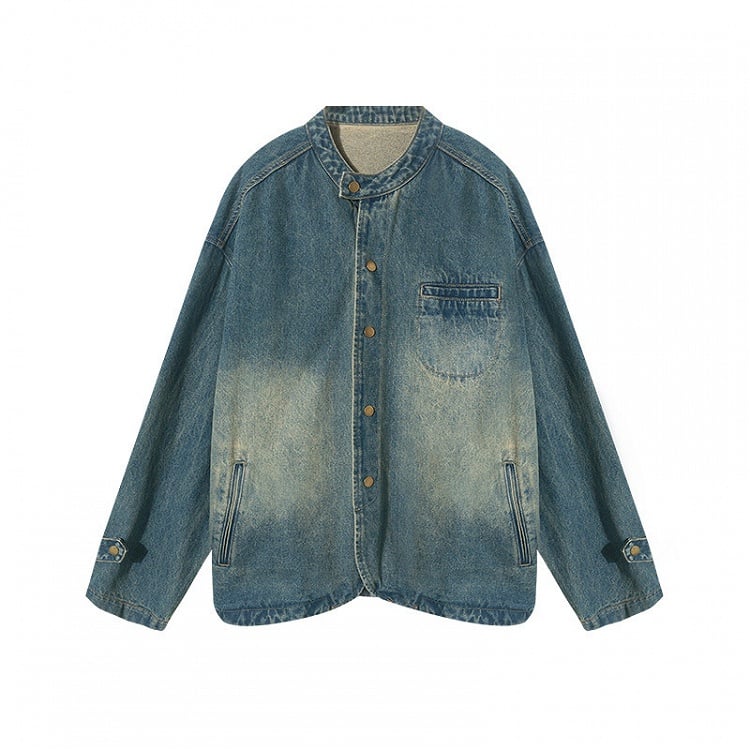 Design Vintage Jacket Distressed Snap Blue Denim Placket