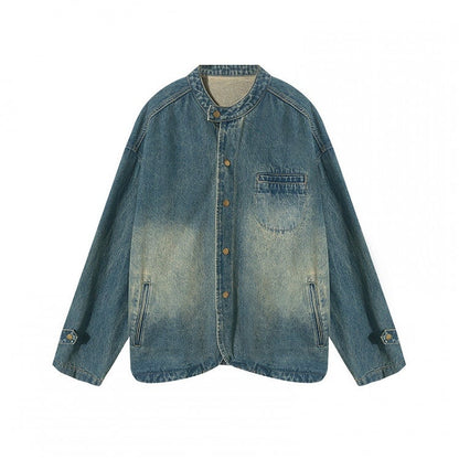 Design Vintage Jacket Distressed Snap Blue Denim Placket