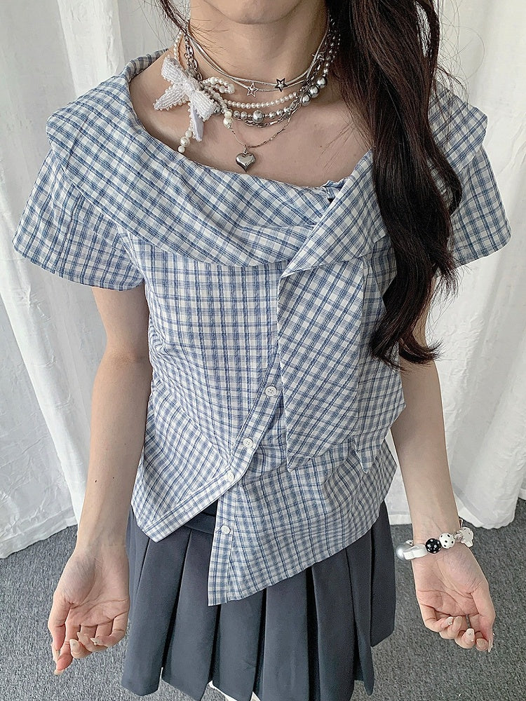 Asymmetrical Neckline Short Sleeve Top with Plaid Pattern - Solkatt