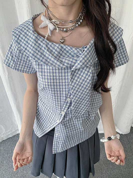 Asymmetrical Neckline Short Sleeve Top with Plaid Pattern - Solkatt