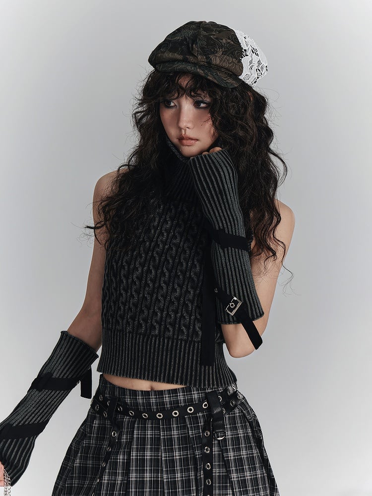 Sleeveless Black with Turtleneck Punk Thumbhole Sweater Detachable Sleeves Backless