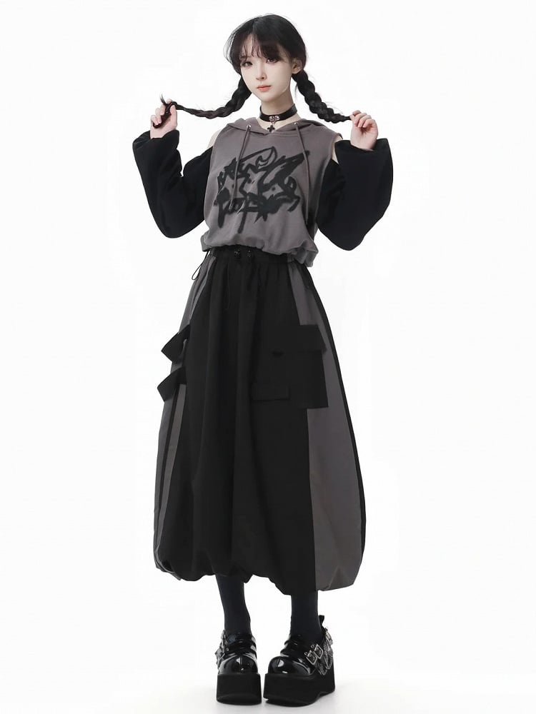 Print Colorblock Design Drawstring Gray Hem Hoodie and Cutout Shoulder Star Black