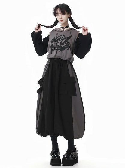 Print Colorblock Design Drawstring Gray Hem Hoodie and Cutout Shoulder Star Black