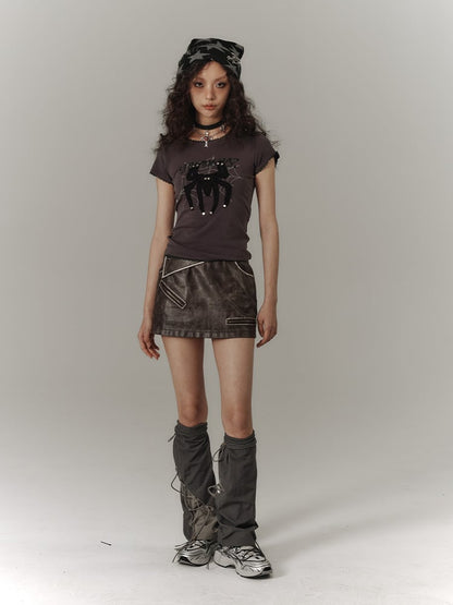 Zippers Flap Vintage Pockets Punk Coffee Skirt PU Asymmetrical Back with Mini