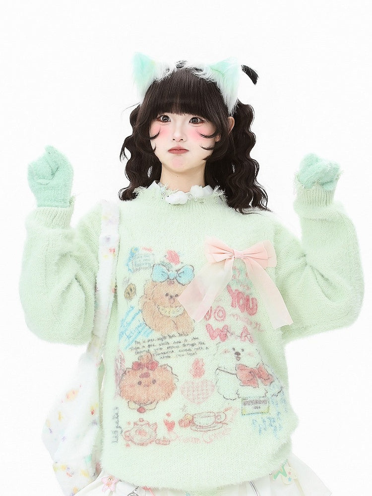 and Sweater - Hem Kawaii Apricot/Green Distressed Daily Neckline