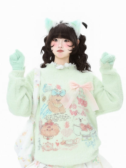 and Sweater - Hem Kawaii Apricot/Green Distressed Daily Neckline