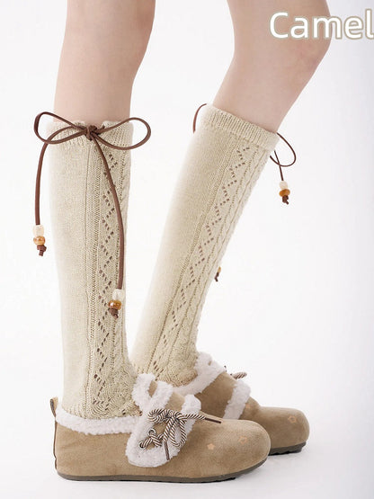 Detail with Bow Socks Knit 5-Color Bead Calf Pointelle