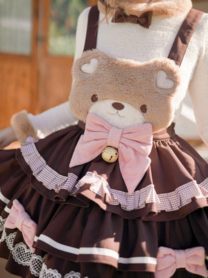 Patch Bear Overall Brown Sweet Skirt Tiered Detachable with
