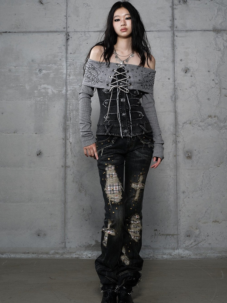 Karierte Distressed Patches Jeans Saum Punk mit ausgefranstem Black Wash Cross