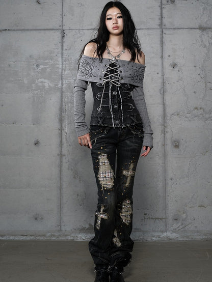 Karierte Distressed Patches Jeans Saum Punk mit ausgefranstem Black Wash Cross
