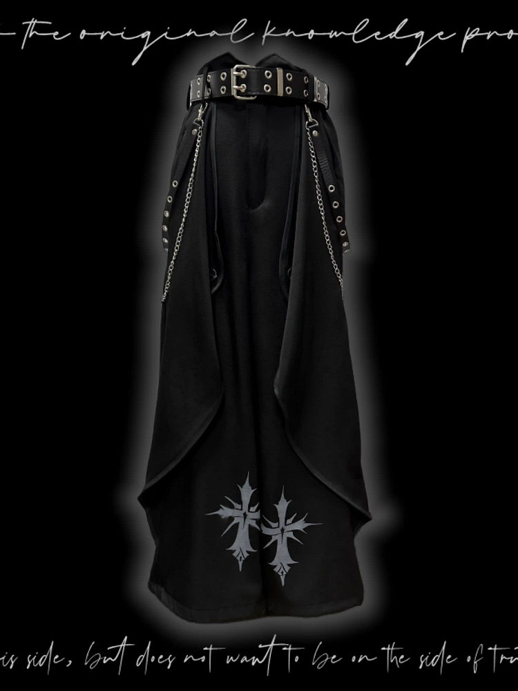 Saum Schwarze Hose mit weitem Bein und Kreuzdruck