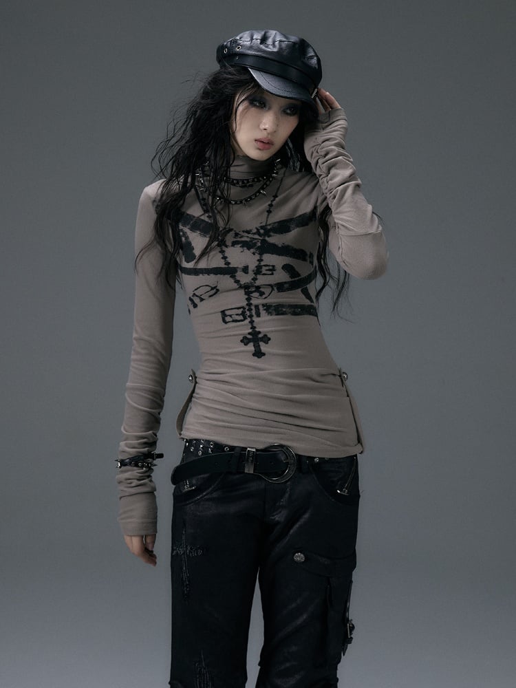 Khaki/Dunkelrotes Wendbares Top mit hohem Kragen