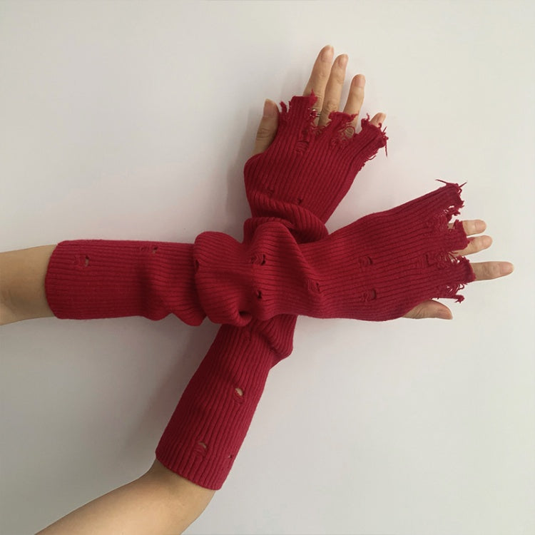 Distressed Holes Fingerless Knitted Long Gloves