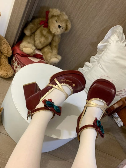 Sweet Red Design High-heel Embellishments Wine Cherry Lolita Shoes with Asymmetric