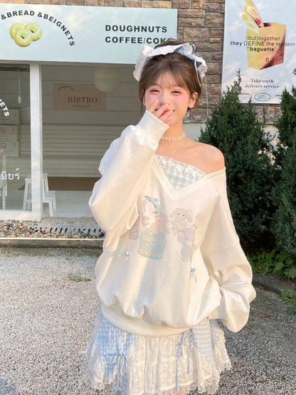 Contrast Lace Patches Blue Plaid Elastic Waist Bowknot Details Skirt