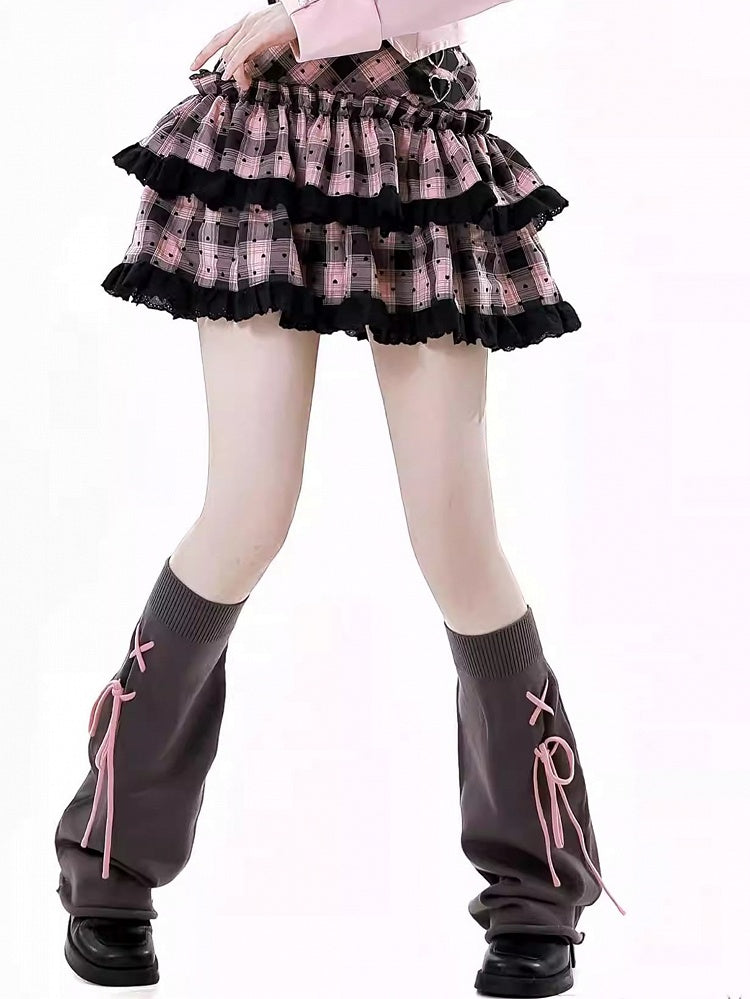 ディテール レースアップ 46CM レッグウォーマー ピンク コントラスト ダークグレー