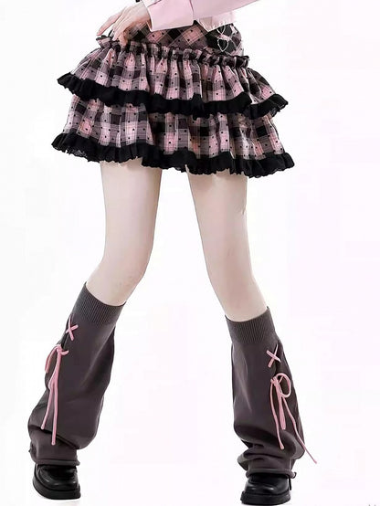 ディテール レースアップ 46CM レッグウォーマー ピンク コントラスト ダークグレー