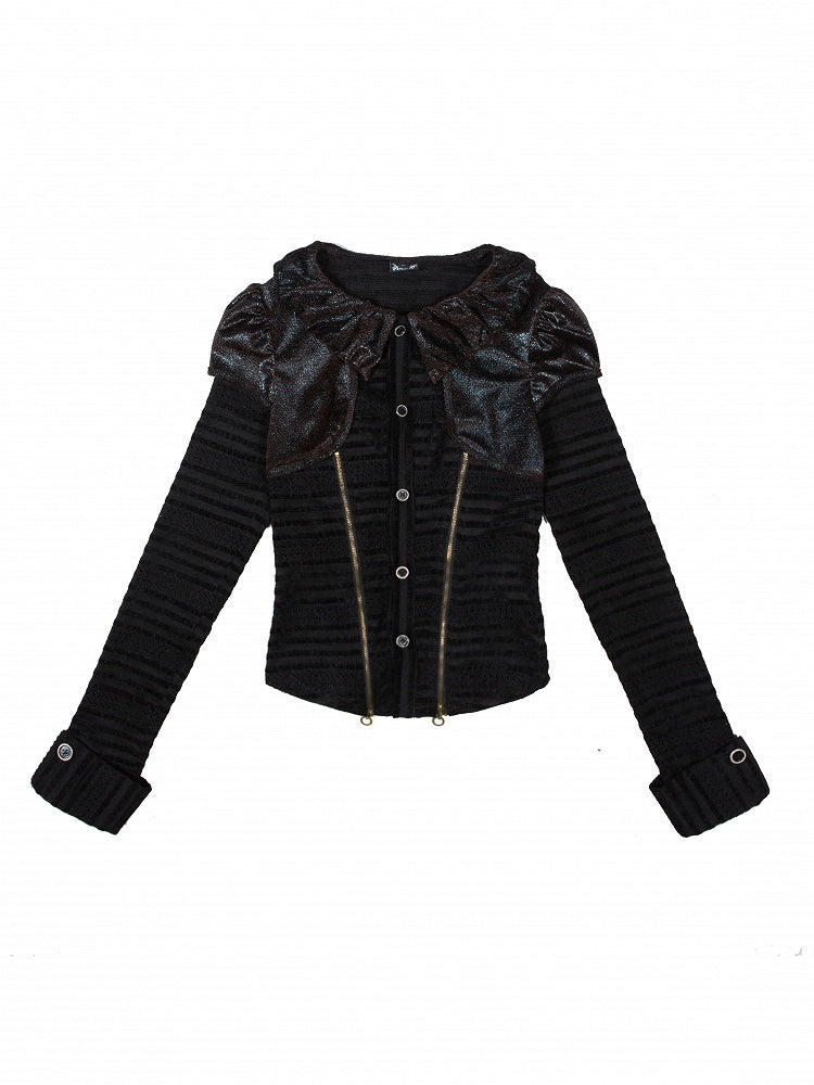 with Side Black Fabric Eyelet Puff Blouse Dotted Collar Punk Ruffled Front Zippers