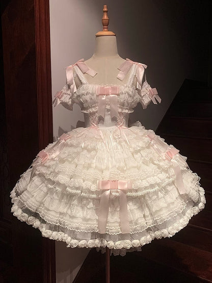 Dress Pink Off-the-shoulder Lolita Sweet Bow White Layered Hime Accents with Lace Ruffles