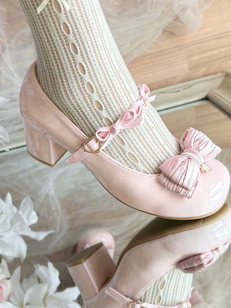 and - Delicate Heart for Lolita Design Sweet Heel Embellishments Leather Mid Bow Toe Round with Shoes PU