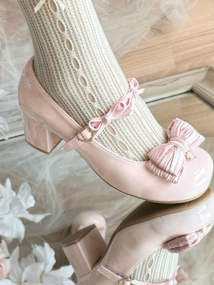 and - Delicate Heart for Lolita Design Sweet Heel Embellishments Leather Mid Bow Toe Round with Shoes PU