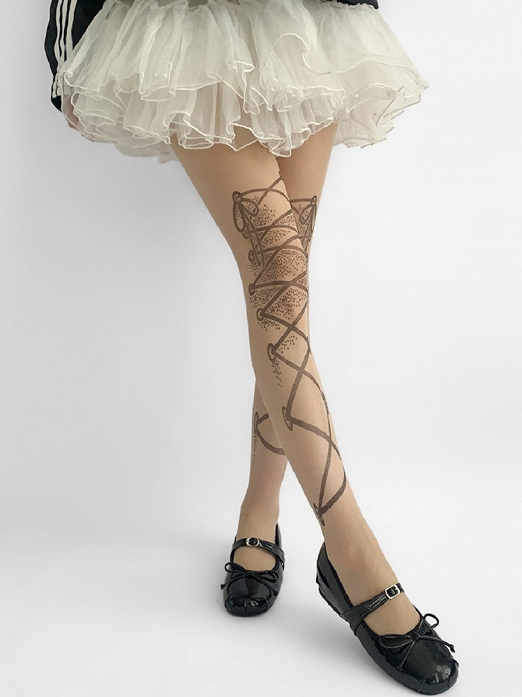 Straps Lace-up Print Nude Tights