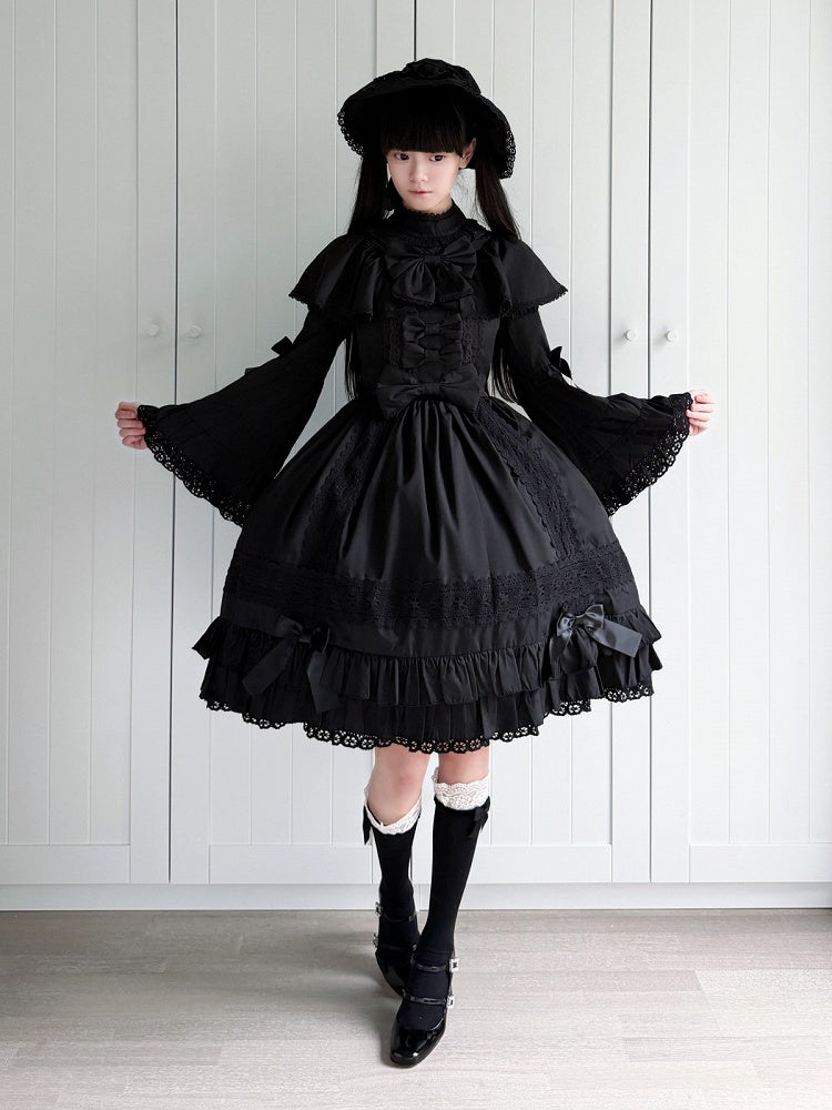 Gothic Lolita Black Bowknot A-line OP Dress Doll Style with Bell Sleeves Ruffle Trim - NnSTAR