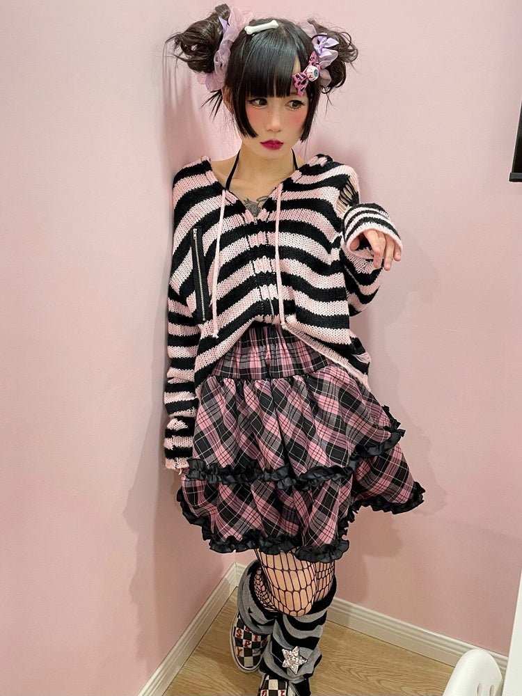 Black and Pink Y2K A-Line Skirt with Lace Bow and Checkered - Alita26SS