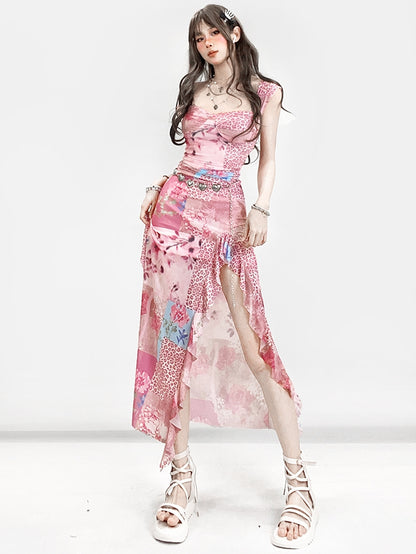 Bittersweet Floral Leopard Print Dress Thigh-high Pink Slit Glamorous