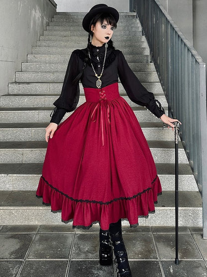 Red Boned High Waist Elegant Classic Lolita Skirt with Lace Trim