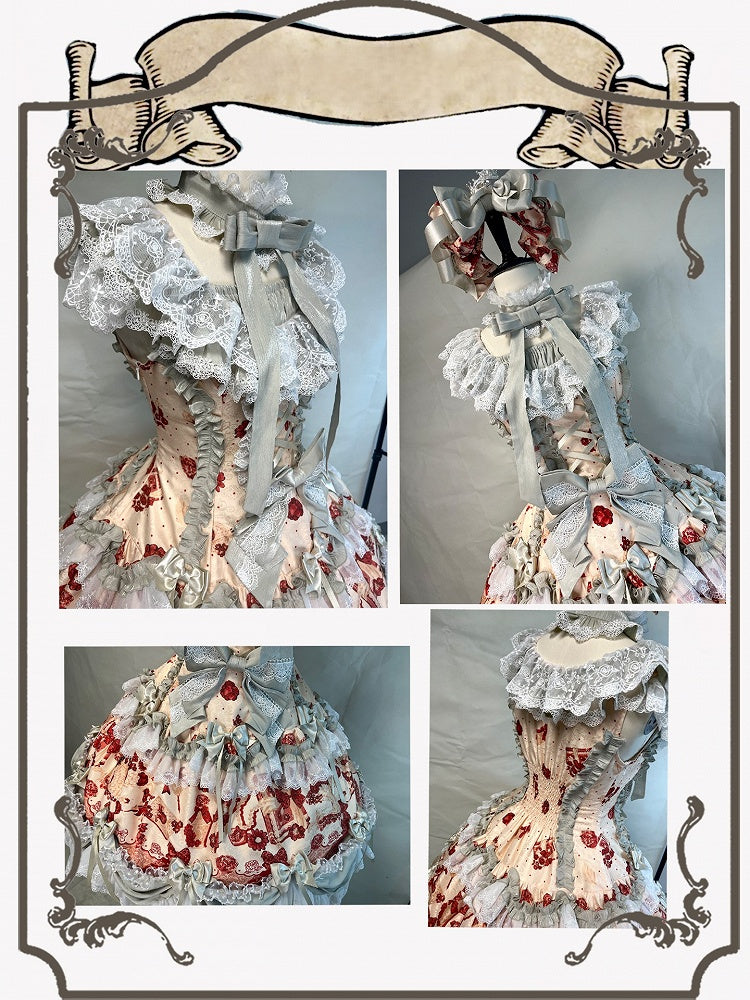 Crimson Lace-Trimmed OP Dress with Floral & Card Motif - Rosede Cheese