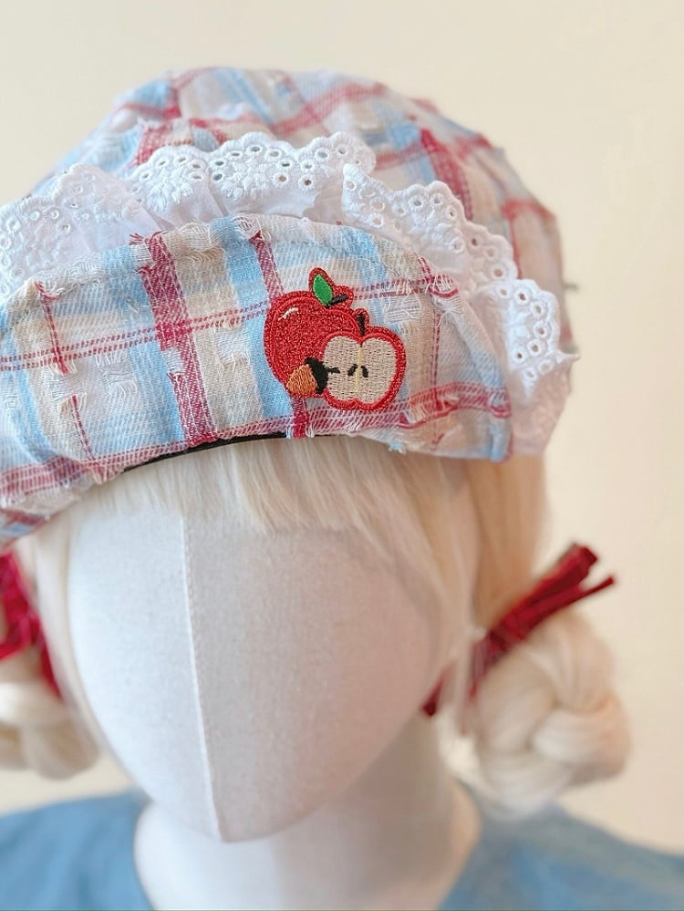 Beret Flipped Brim Red Embroidery Plaid and Applique Blue Apple with