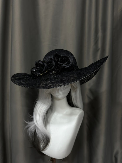 Gothic Lace Hat with Floral Accents - Custom Made Earrings