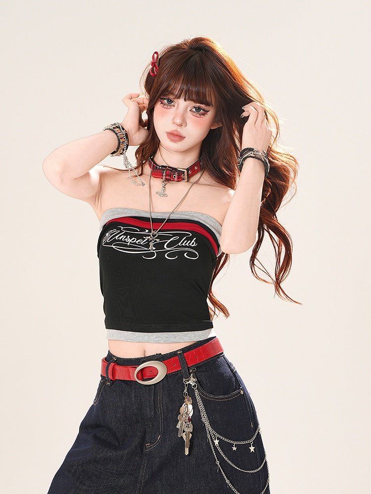 ネイビーブルー/ブラックレタープリントクロップドストラップレストップ