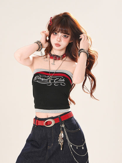 ネイビーブルー/ブラックレタープリントクロップドストラップレストップ