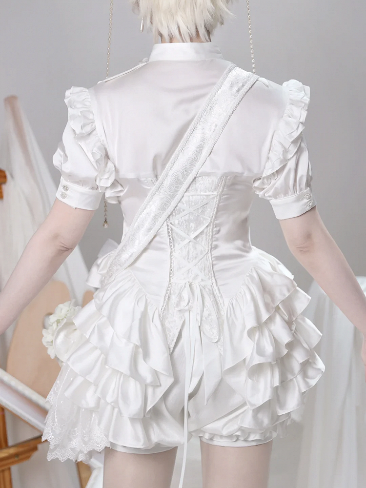 王子様のオールホワイトロリータレイヤードスリーブフリル王子様のフリル裾ボディスシャツショート