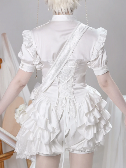 王子様のオールホワイトロリータレイヤードスリーブフリル王子様のフリル裾ボディスシャツショート