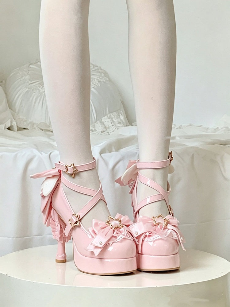 Pink Sweet Lolita High Heels 11cm with Heart Bowknot and Star Buckle Accents - Raccoon toast