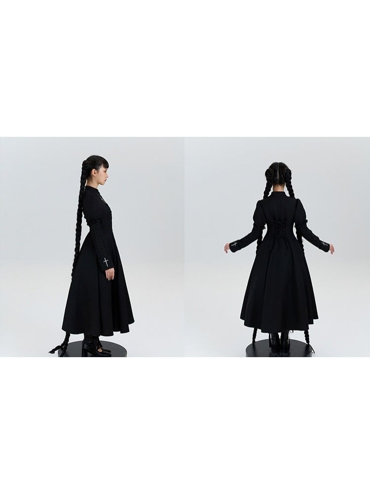with Lolita Short Cross Nun Lace Sleeves Embroidery Black Trimmed Dress