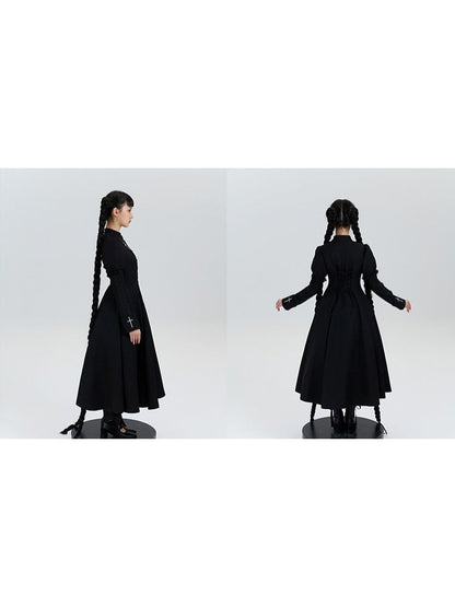 with Lolita Short Cross Nun Lace Sleeves Embroidery Black Trimmed Dress