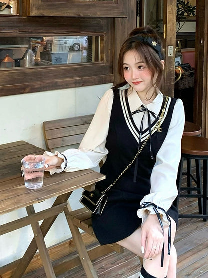 Black Fake Two Piece Polo Collar Dress with Bow - Qchiwawameme