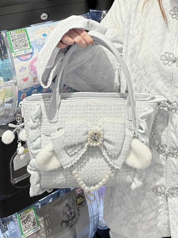 Lolita with And Bunny Charm Bow in Rhinestone Beaded - White Trim Ear Elegant Heart Triple-Carry Handbag Plush Ruffles