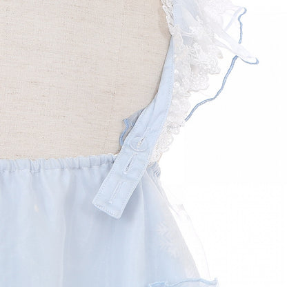 ライトブルーのスノームーンキャッスルオーバーレイポンポントリムドレススイートロリータジャンパースカート